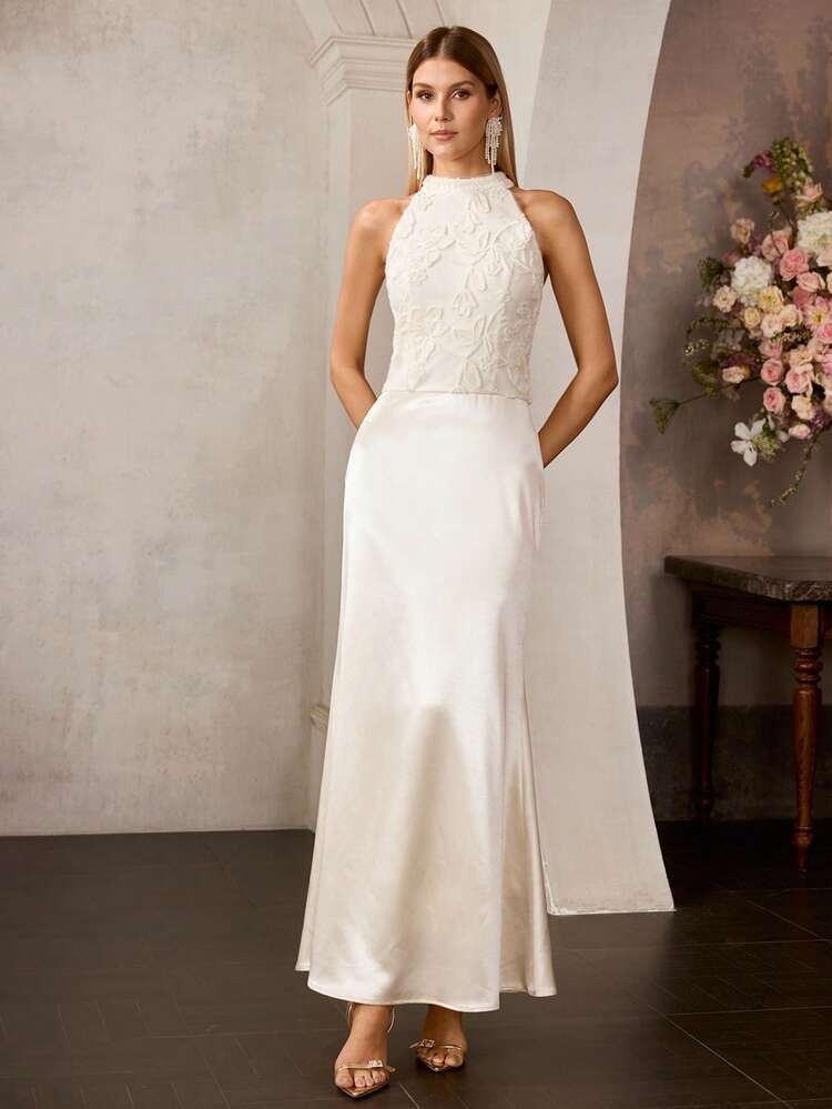 MOTF Soiréza WOMEN'S SOLID COLOR HALTER NECK 3D FLORAL PATCHWORK MERMAID HEM PARTY COCKTAIL DRESS, SPRING/SUMMER