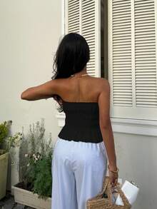 Sunnyshic Top tubo plisado con volantes y cordones para mujer - Negro - Ver 2