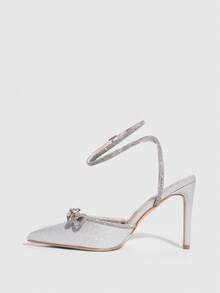 CUCCOO SZL Women's Rhinestone Bow Ankle Strap Stiletto High Heels Pointed Toe Sexy Low Vamp Shoes Bridal Banquet Ball Dress Shoes Christmas Valentine's Day Wear Valentine's Day - Silver - View 6