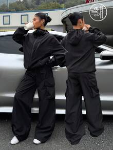 Muchica 女士黑色梭织长袖拉链连帽外套和裤子套装 - 黑色 - 查看 1