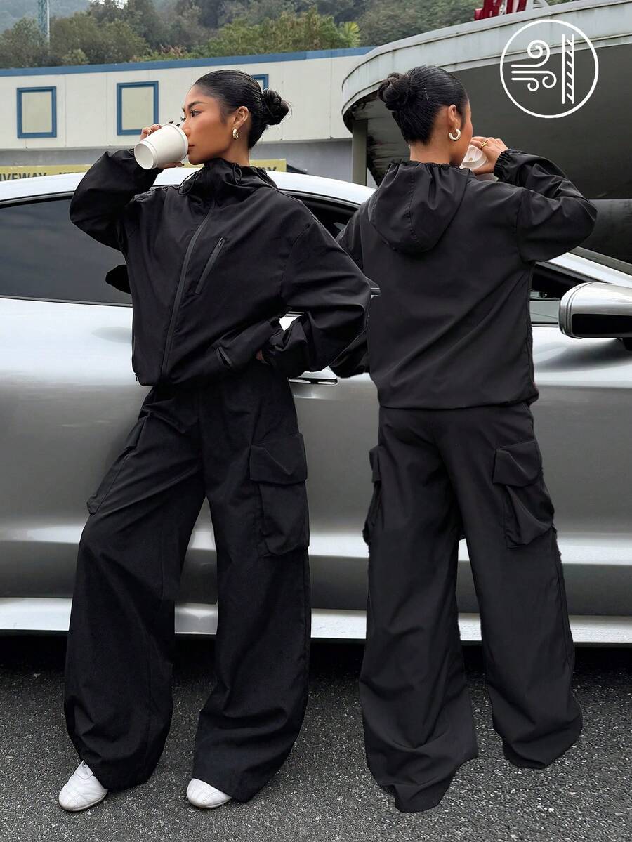 Muchica 女士黑色梭织长袖拉链连帽外套和裤子套装 - 黑色 - 查看 1