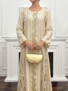 Layrah Elegant Round Neck Embroidered Beaded Long Sleeve Flared Dress, Spring/Summer - Apricot - View 4