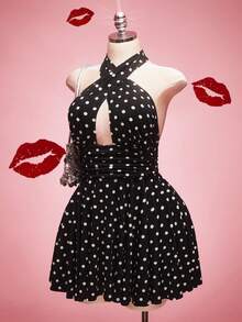 SHEIN ICON 大码波点露背吊带性感连衣裙，约会之夜连衣裙