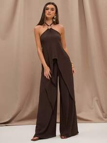 SHEIN BAE 女士性感波西米亚风度假纯色不对称下摆露背系带吊带背心和阔腿裤套装，夏季 - 棕色 - 查看 5