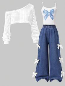 SHEIN ChillGRL 3pcs Girls Bow Strap Top With Cutout Shoulder Design And Bowknot Wide Leg Pants, Suitable For Outing And Travel In Early Autumn - Blue - View 11