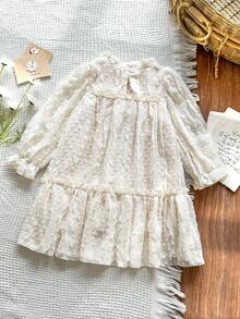 SHEIN Vintaside Kids 女童优雅公主风荷叶边领泡泡袖提花刺绣双层荷叶边下摆宽松公主裙，适合度假、旅行、派对、送礼、春秋季穿着。 - 杏色 - 查看 2