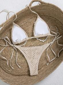 SHEIN Swim Beige Elegant Women's Crochet Bikini Set, Mesh Triangle ...