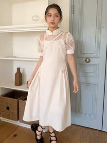 Dazy Kids Tween Girl Lace Patchwork Sheer Elegant Short Sleeve Dress - Apricot - View 2