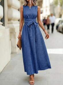 Editum Women's Sleeveless Round Neck Waist Cinched Textured Denim Blue Belted A-Line Elegant Everyday Casual Dress, Spring/Summer Spring Dress Women Features A Belted Waist, Pockets, Solid Blue Textured Fabric, And Is A Long Spring/Summer Dress. - Blue - View 6