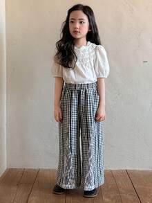 Dazy Kids 女童格子松紧腰蕾丝拼接休闲百搭阔腿裤，适合日常穿着 - 黑與白 - 查看 2