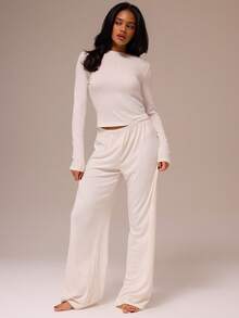 MUSERA ESSENTIALS Wide Leg Elasticated Waist Pointelle Trousers Coord Bottoms Only Spring Winter Cosy Cute Daily Girly Lounge Essential - Cream - View 1