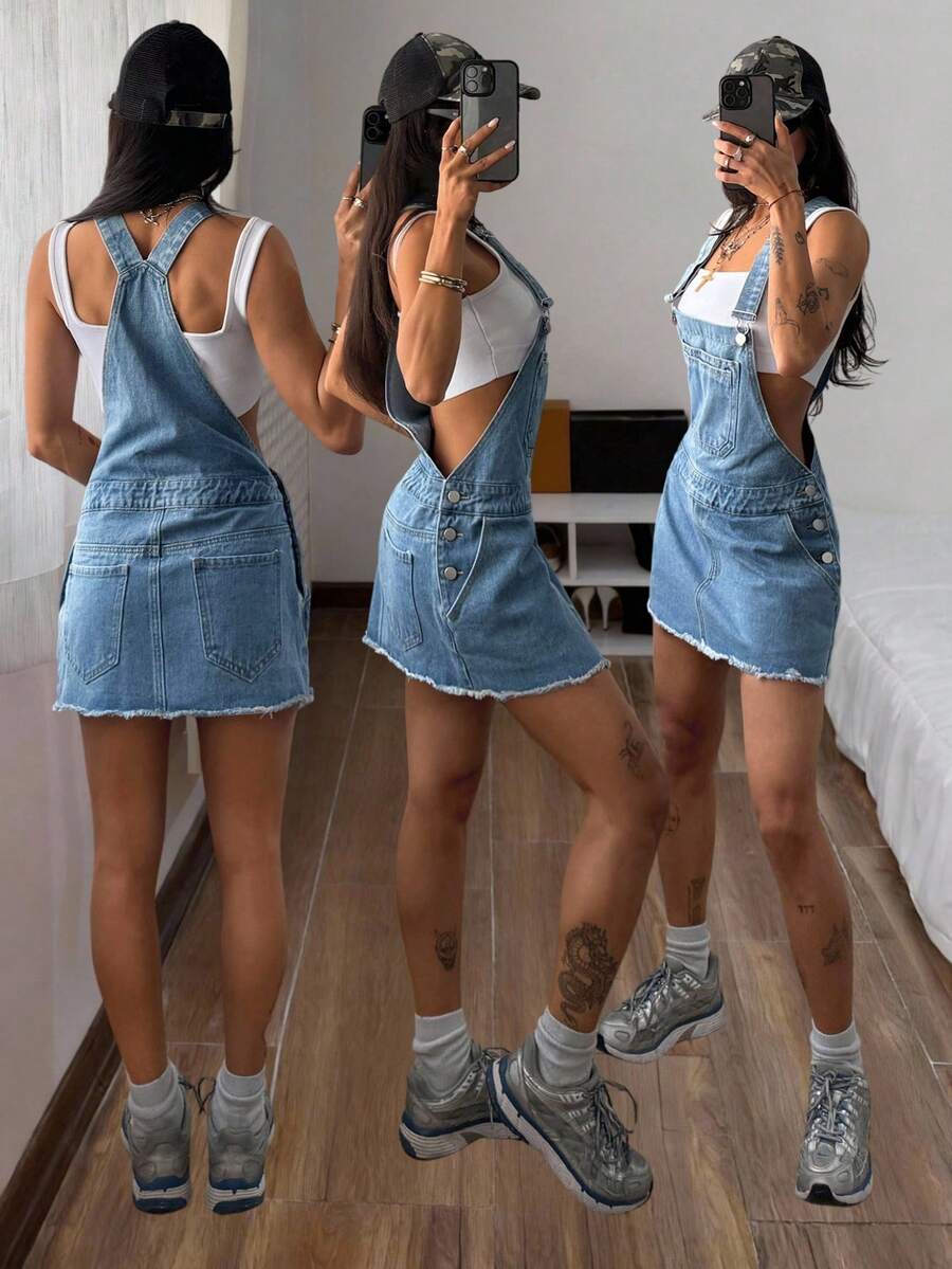 StreetHx Fashionable Casual Street Style Denim Bib Overall Dress - Medium Wash - View 1