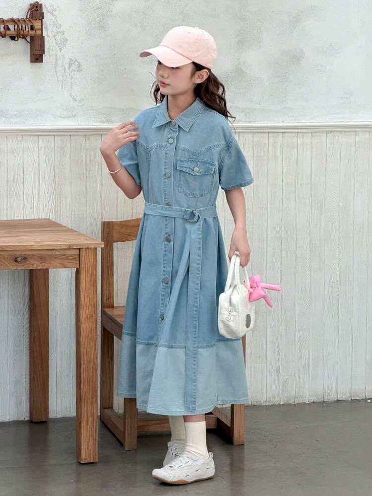Tween Girls Denim Dress With Collar, Short Sleeve