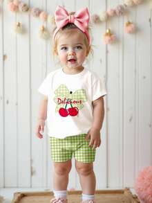 可爱樱桃绿格子图案女婴休闲简约圆领短袖T恤和紧身短裤套装，适合夏季度假 - 彩色 - 查看 5