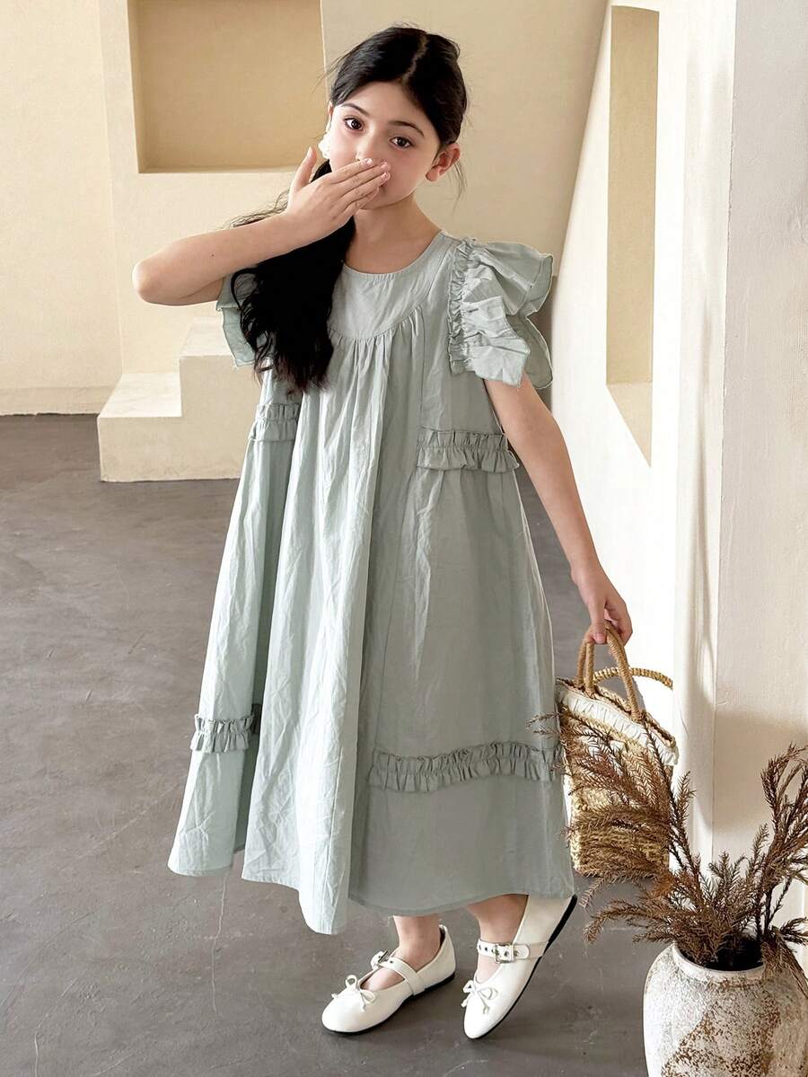 Dazy Kids Tween Girls' Casual Vacation Style Solid Color Ruffle Armhole Smock Dress, Summer - Green - View 1