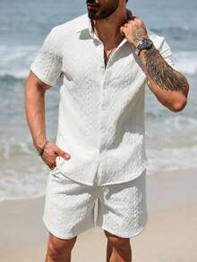 Ventusail 2 件套男士夏季休闲纯色纹理衬衫和短裤套装 - 白色 - 查看 4