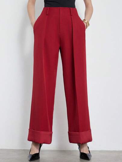 Aveloria Modichic Minimalist Elegant Commuting Versatile Loose Hem Wide Cuff Satin Patchwork Design Straight Leg Women's Suit Pants