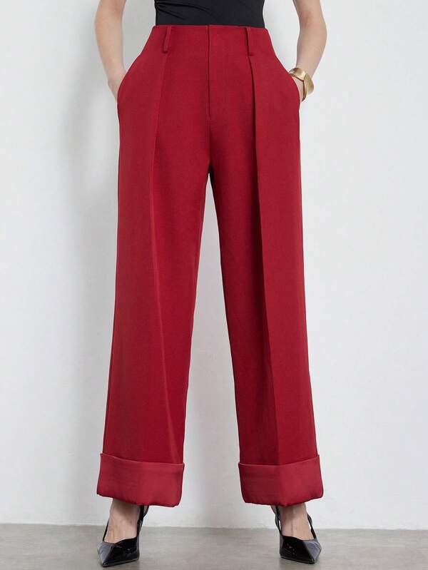 Aveloria Modichic Pantalones rectos de mujer con diseño de parche de satén, dobladillo suelto, puños anchos y versátil para ir al trabajo, de estilo minimalista y elegante