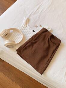 Comfortcana 夏季外出低腰纯色直筒灰色迷你裙 - 棕色 - 查看 3