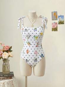 SHEIN MOD Women's Floral & Polka Dot Print Tie Shoulder One-Piece Swimsuit, Slim Fit, Beach Vacation Style, Summer, Polka Dot, Flower Print, Cute, Kawaii, Swimwear Set, Vacation Outfits Women - Multicolor - View 4