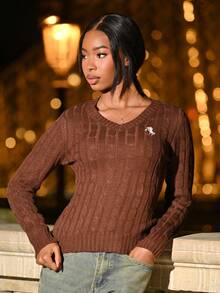 Mima John 女士休闲简约刺绣细节修身毛衣，秋冬季上学上衣 - 棕色 - 查看 5