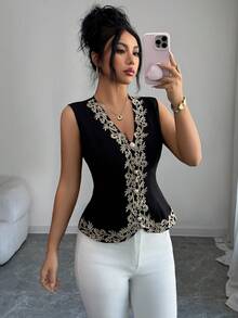 Elenzga Women's Embellished V-Neck Single-Breasted Elegant Vest - Black - View 3