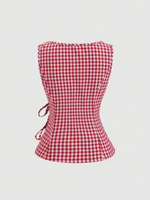 Sweetra Retro Plaid Round Neck Design Sense College Style Sexy Girl Sleeveless Shirt, Summer New Tie-Up Slim Fit Delicate Girly Sweet Blouse For Women - Red - View 6