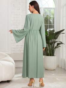 Lacomfia Women's Loose Elegant Ruffled Tie-Waist Green Linen Short Sleeve Dress - Green - View 5