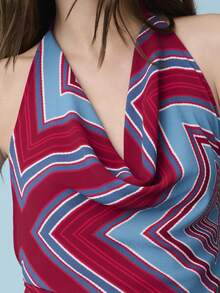 Nöista Geometric Draped Halter Neckline Top Geometric With Asymmetrical Hem. Spring , Summer, Day Outfit. - Burgundy - View 5