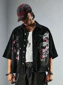 ROMWE MEN Street Life 男士前开襟时尚夏季百搭衬衫，花卉龙纹印花牛仔上衣 - 黑色 - 查看 1