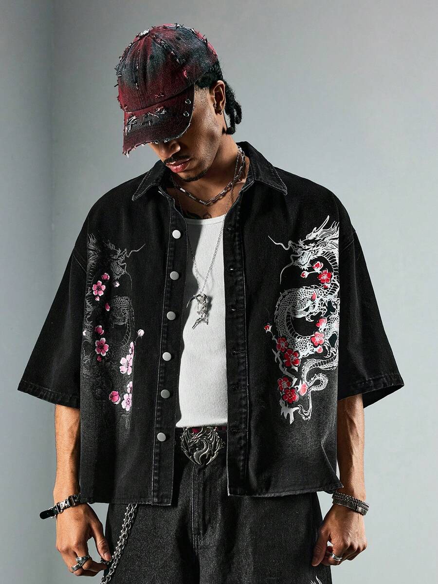 ROMWE MEN Street Life 男士前开襟时尚夏季百搭衬衫，花卉龙纹印花牛仔上衣 - 黑色 - 查看 1