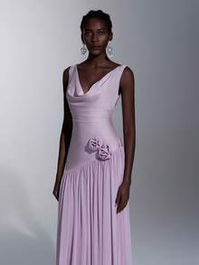 Elitara Elegant Lotus Root Pink Knitted Draped Neck Floral 3D Flare A-Line Maxi Dress Light Blue Spring Prom Wedding Bridesmaid Gala Party Dress - Dusty Purple - View 8