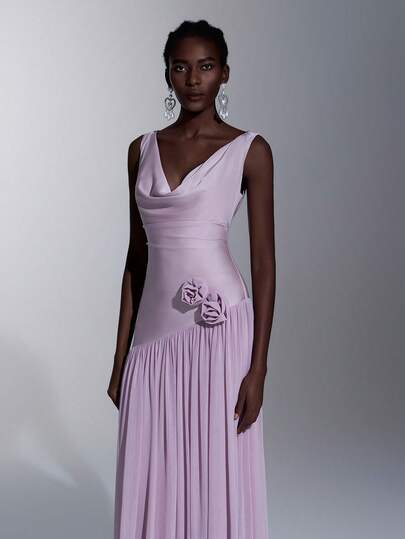 Elitara Elegant Lotus Root Pink Knitted Sexy Draped Neck Minimalist Floral 3D Flare A-Line Maxi Dress, Suitable For Dates, Vacations, Singles Parties, Weddings, Galas, Bridesmaid