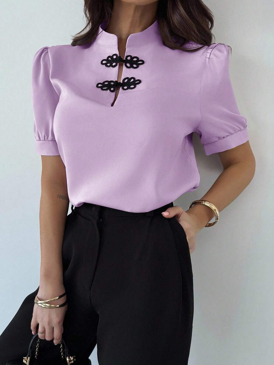 Firerie Women's Elegant Romantic Date Puff Sleeve Contrast Color Button-Up Shirt, Spring/Summer - Lilac Purple - View 1