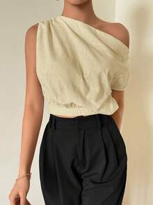 Firerie Áo kiểu nữ không tay, lệch vai, dáng rộng, chất liệu vải lanh tre, thanh lịch, thích hợp cho kỳ nghỉ và mặc hàng ngày. - Màu be - Xem 3