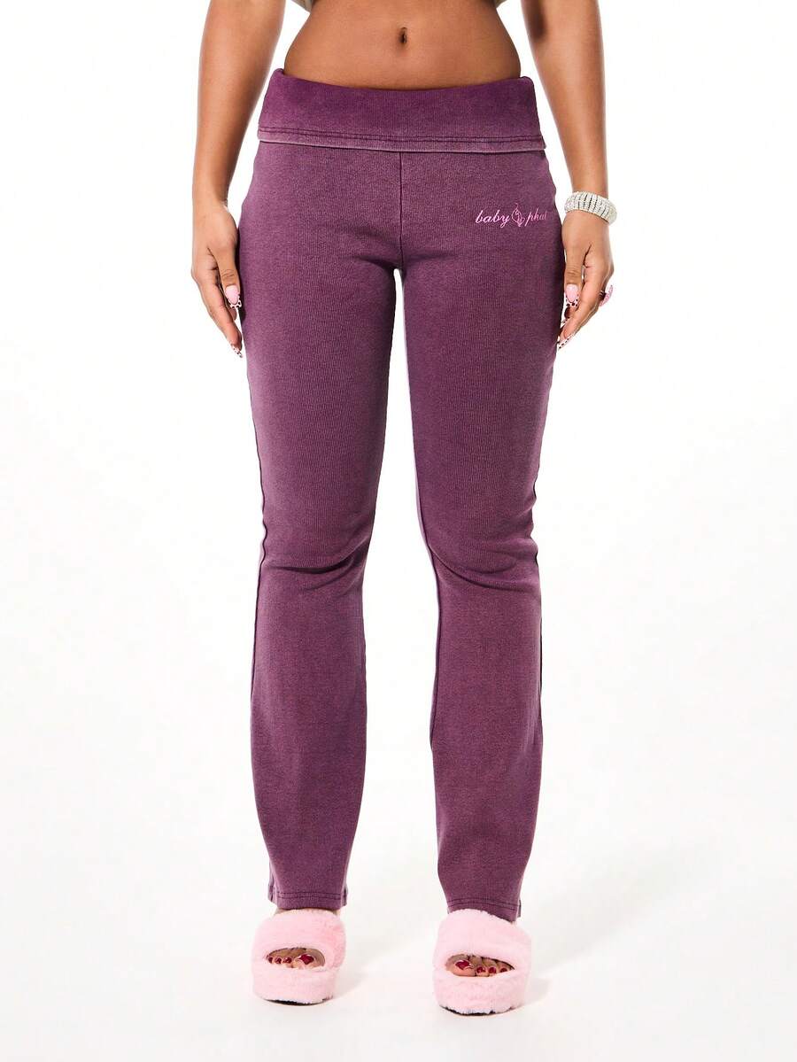 BABYPHAT 褶皱腰带罗纹高腰喇叭裤长休闲裤 - 紫色 - 查看 1