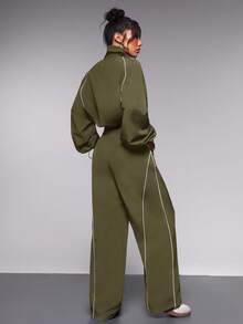 Exploreva 女士运动套装、返校装、毕业典礼、返校装、女士运动和瑜伽时尚运动服女士套装、慢跑和户外休闲装女士健身套装女士健身套装宽松版型、夹克和裤子套装、运动服 - 軍綠色 - 查看 2