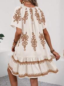 SHEIN LUNE Women's Summer Vacation Allover Print Ruffle Hem Puff Sleeve Dress - Apricot - View 2