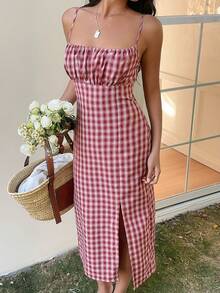 SHEIN EZwear 女士红色格子中长连衣裙 - 紅色 - 查看 5
