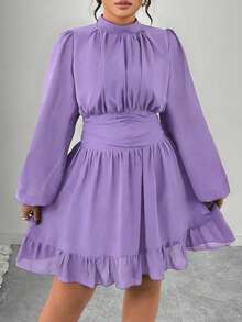 Elenzga 大码女士优雅派对藏蓝色立领荷叶边装饰长袖修身中长连衣裙 - 紫色 - 查看 3