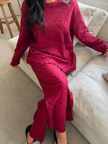 DAZY Bộ đồ ngủ dài tay rộng rãi, thoải mái, họa tiết hoa nhí dành cho nữ, gồm 2 món, thích hợp cho mùa Thu/Đông. - Màu Đỏ Sâu - Xem 5