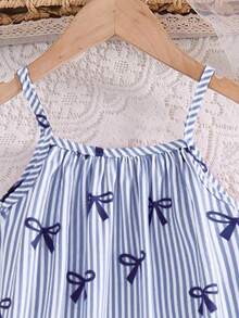 SHEIN Elladie kids Cute Young Girls Striped Bow Print Cami Dress Sleeveless Ruffle Flounce Hem Short Polyester - Multicolor - View 4