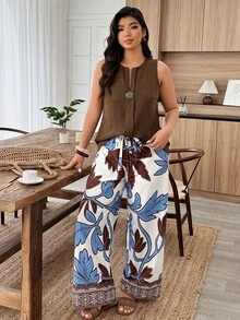 Weeklong 大码女式植物印花纽扣装饰休闲度假两件套，春夏款 - 彩色 - 查看 6