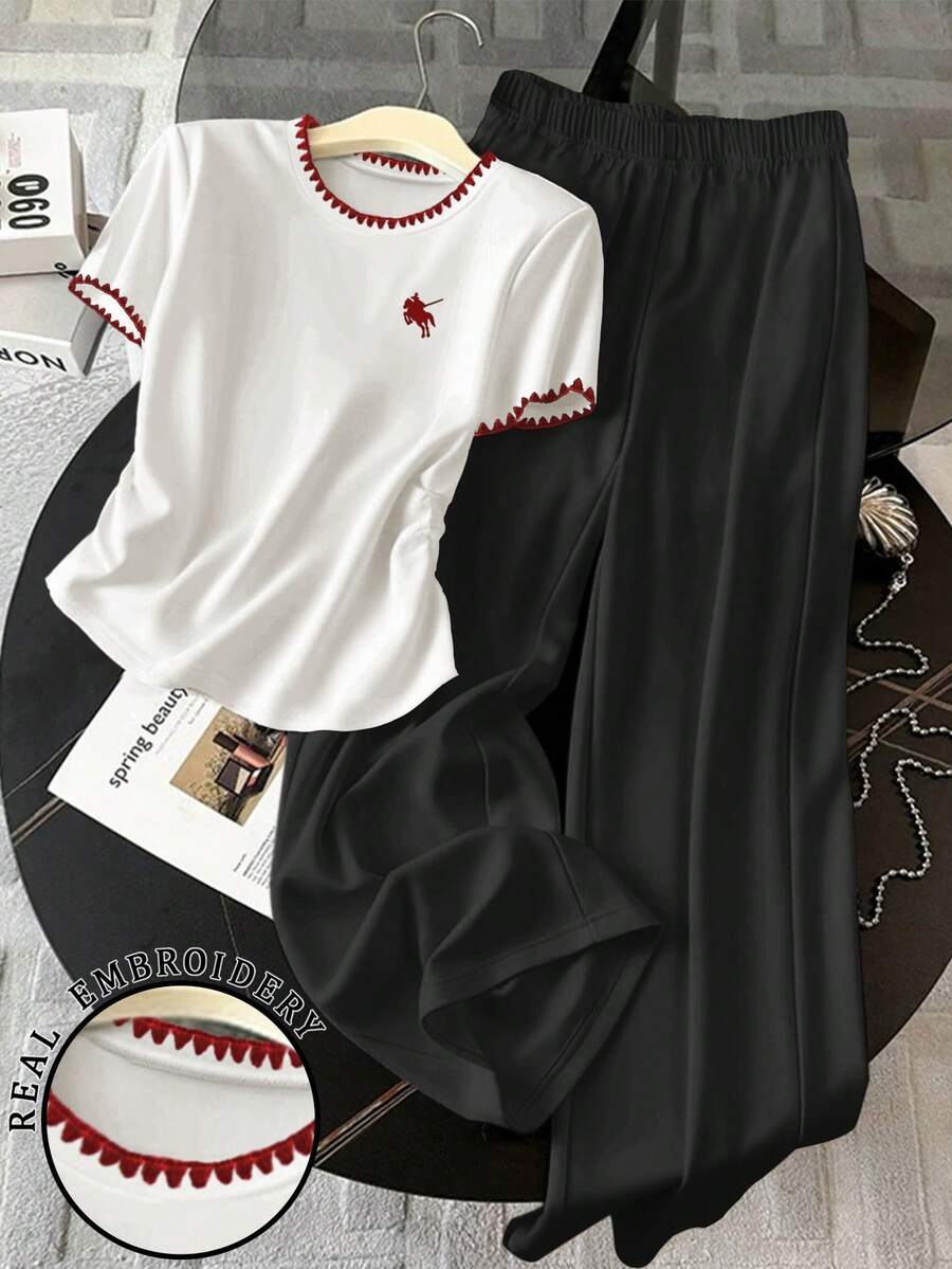 Resyla 2pcs Women Contrast Trim Round Neck Short Sleeve Top And Black Pants Set - Multicolor - View 1