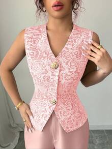 Rafferiza Bộ đồ nữ màu xanh dương thanh lịch gồm 2 món, áo vest không tay và quần dài với khóa kim loại in 3D mạ vàng, trang phục mặc hàng ngày, thích hợp cho mùa hè. - Hồng - Xem 4