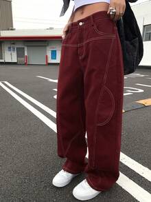 Women's Burgundy Loose Fit Cargo Jeans Y2k - Burgundy - View 8