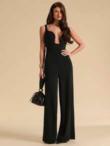 SHEIN BAE 纯棕色不对称露肩镂空高开衩性感优雅长裙，适合度假、海滩、婚礼、早午餐等场合。 - 棕色 - 查看 3