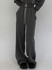 DAZY 女式纯色抽绳腰裤秋季 - 灰色 - 查看 3
