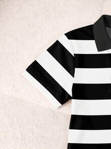Resyla Women's Casual Striped Knight Print Polo Collar Short Sleeve Top, Summer - Black and White - View 4