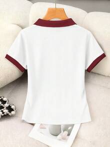 Resyla 女士休闲樱桃印花撞色滚边 Polo 领短袖上衣，夏季 - 白色 - 查看 2